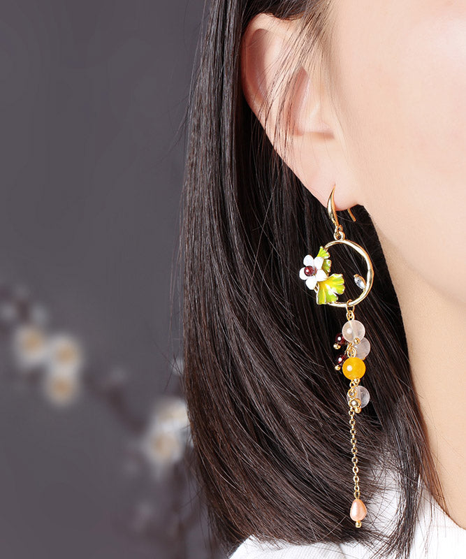 Stylish Overgild Gem Stone Chalcedony Crystal Pearl Cloisonne Shell Flower Metal Drop Earrings LY2206 - fabuloryshop