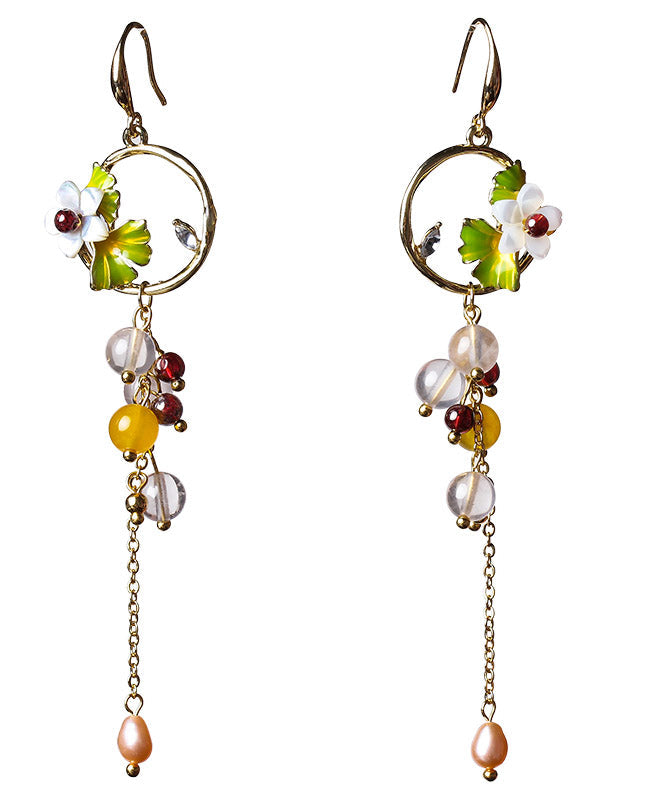 Stylish Overgild Gem Stone Chalcedony Crystal Pearl Cloisonne Shell Flower Metal Drop Earrings LY2206 - fabuloryshop