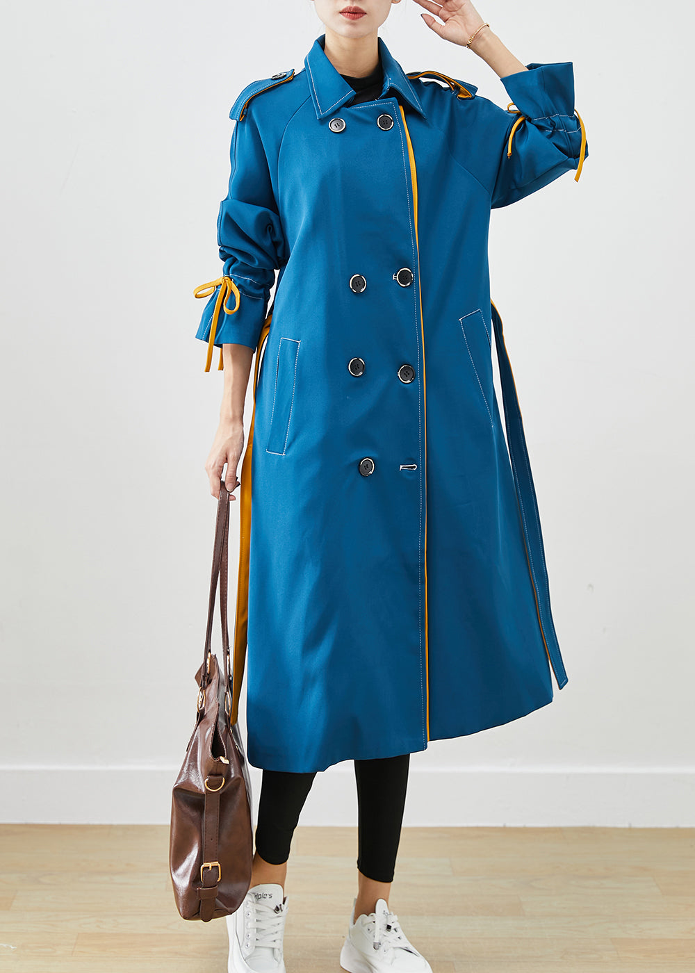 Stylish Peacock Blue Double Breast Tie Waist Cotton Coats Fall Ada Fashion