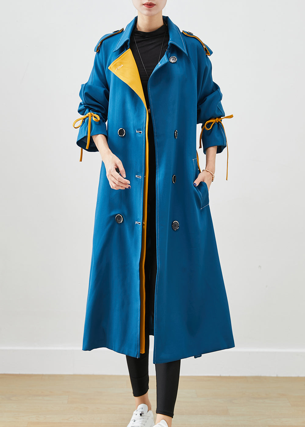 Stylish Peacock Blue Double Breast Tie Waist Cotton Coats Fall Ada Fashion