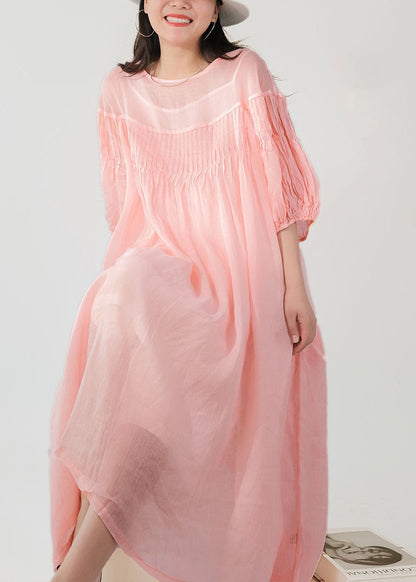 Stylish Pink O Neck Wrinkled Patchwork Long Linen Dress Summer LY4024 - fabuloryshop