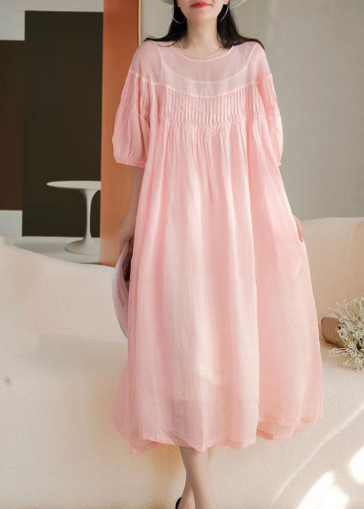 Stylish Pink O Neck Wrinkled Patchwork Long Linen Dress Summer LY4024 - fabuloryshop