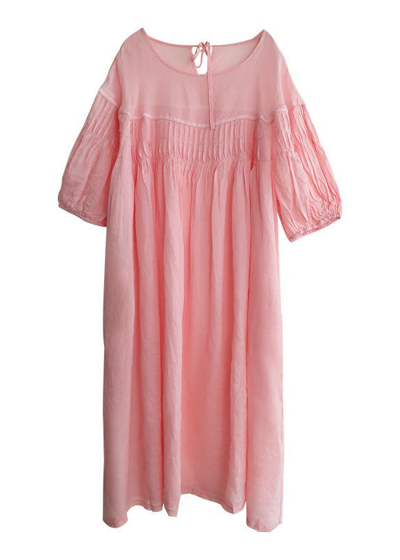 Stylish Pink O Neck Wrinkled Patchwork Long Linen Dress Summer LY4024 - fabuloryshop