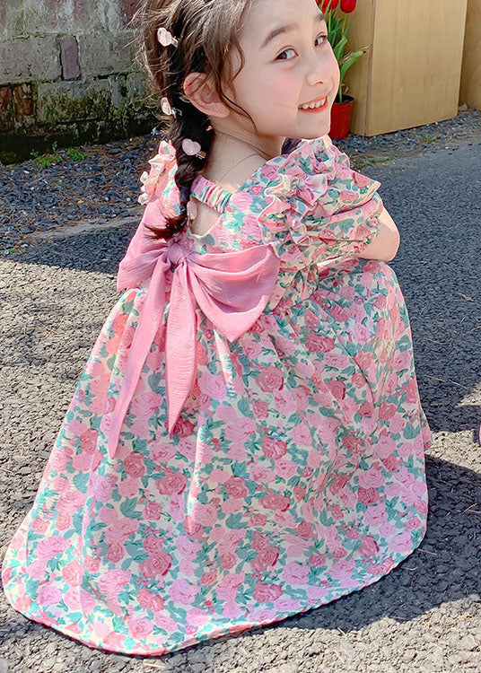 Stylish Pink Print Ruffled Bow Patchwork Chiffon Kids Girls Dress Summer LY5516 - fabuloryshop