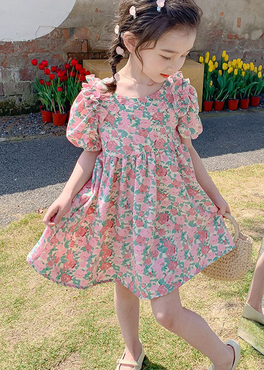 Stylish Pink Print Ruffled Bow Patchwork Chiffon Kids Girls Dress Summer LY5516 - fabuloryshop