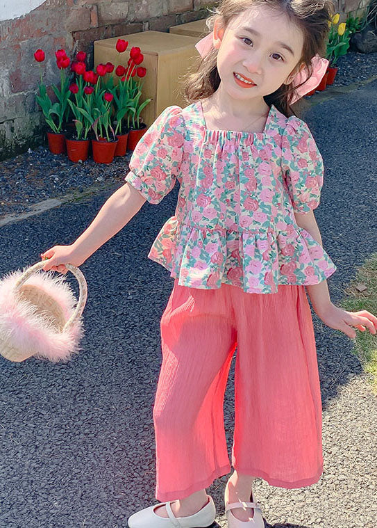 Stylish Pink Print Tops And Pants Cotton Baby Girls Two Pieces Set Summer LY5478 - fabuloryshop