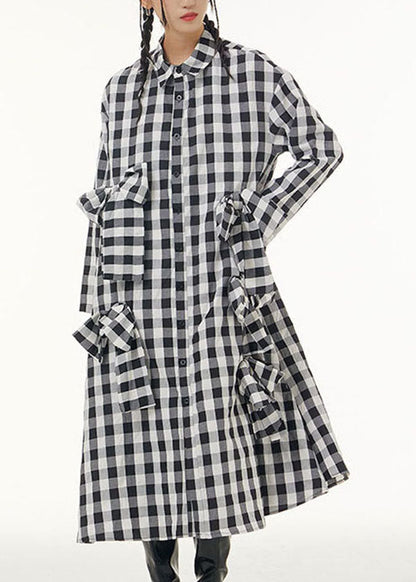 Stylish Plaid Peter Pan Collar Bow Patchwork Cotton Shirts Dresses Spring LY1160 - fabuloryshop