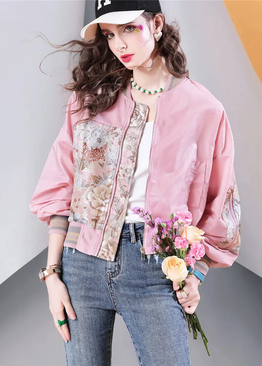 Stylish Plus Size Pink Pockets Print Patchwork Jackets Fall Ada Fashion