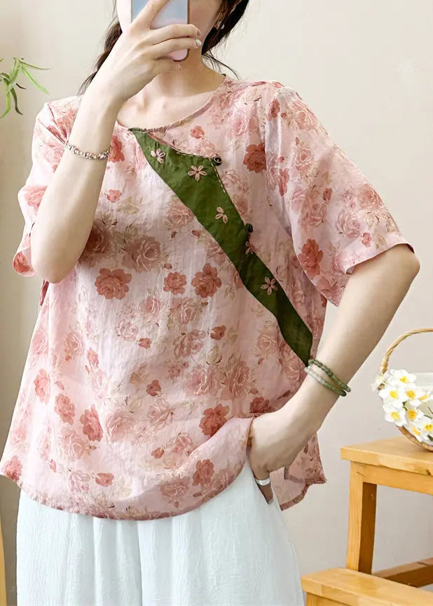 Stylish Print O-Neck Ramie T Shirt Short Sleeve Ada Fashion