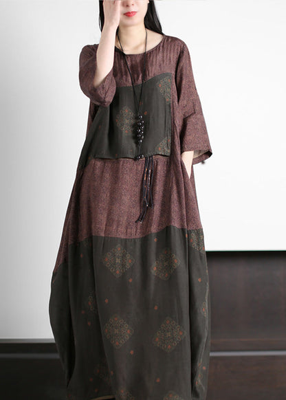 Stylish Purple Coffee O-Neck Asymmetrical Print Silk Long Dress Short Sleeve LY5123 - fabuloryshop