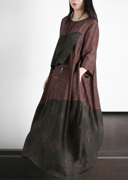 Stylish Purple Coffee O-Neck Asymmetrical Print Silk Long Dress Short Sleeve LY5123 - fabuloryshop