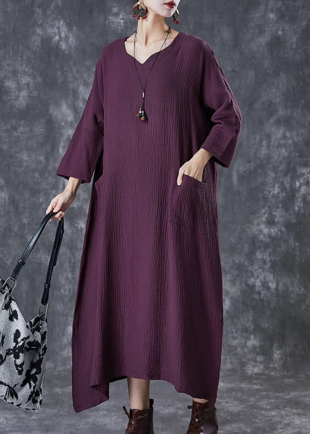 Stylish Purple Oversized Wrinkled Cotton Long Dresses Fall Ada Fashion