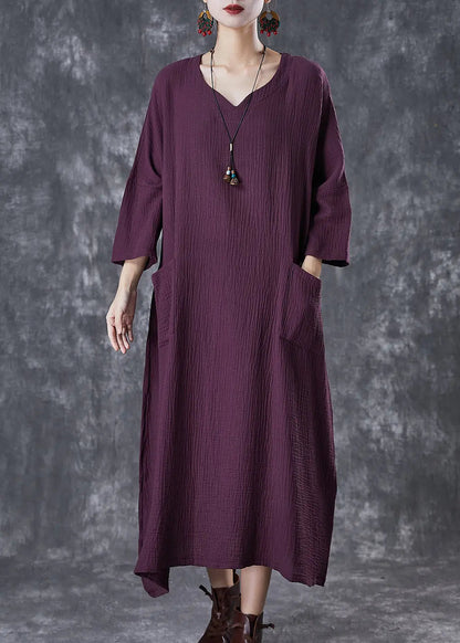 Stylish Purple Oversized Wrinkled Cotton Long Dresses Fall Ada Fashion