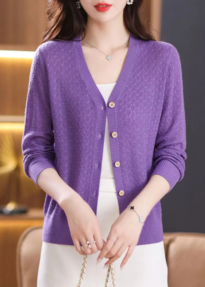 Stylish Purple V Neck Button Knit Cardigan Fall Ada Fashion