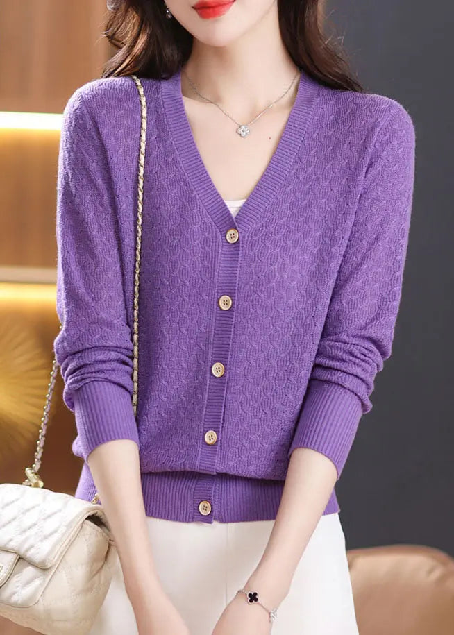 Stylish Purple V Neck Button Knit Cardigan Fall Ada Fashion