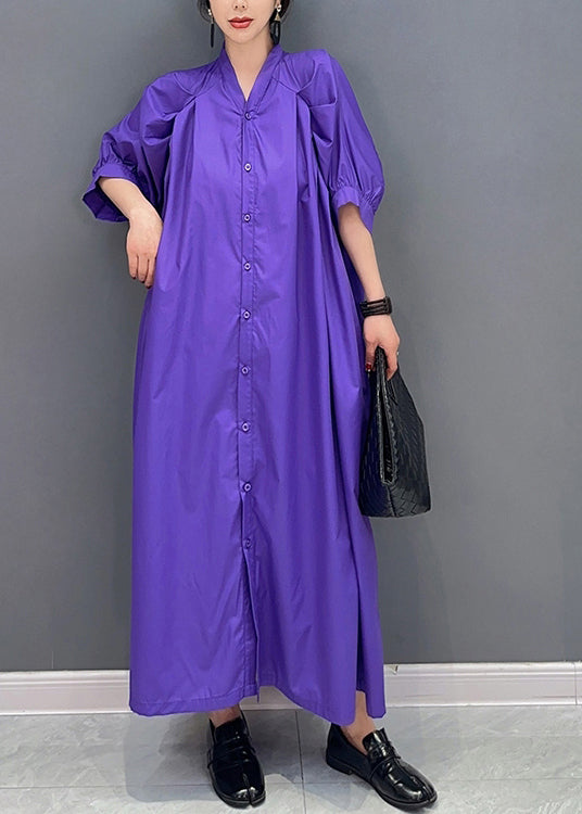 Stylish Purple V Neck Puff Sleeve Cotton Maxi Dresses LY0551