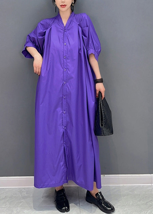 Stylish Purple V Neck Puff Sleeve Cotton Maxi Dresses LY0551 - fabuloryshop