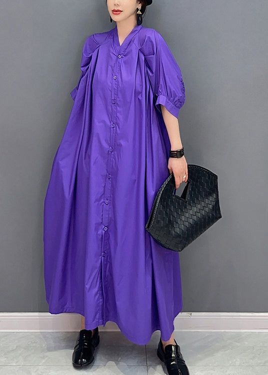 Stylish Purple V Neck Puff Sleeve Cotton Maxi Dresses LY0551 - fabuloryshop