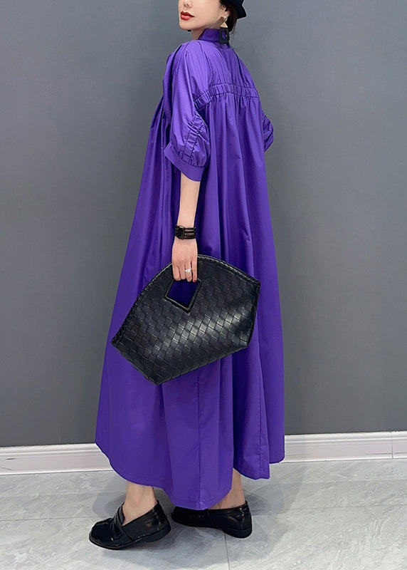 Stylish Purple V Neck Puff Sleeve Cotton Maxi Dresses LY0551 - fabuloryshop