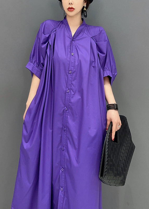 Stylish Purple V Neck Puff Sleeve Cotton Maxi Dresses LY0551 - fabuloryshop