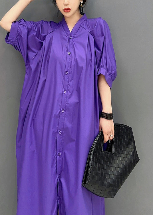 Stylish Purple V Neck Puff Sleeve Cotton Maxi Dresses LY0551 - fabuloryshop