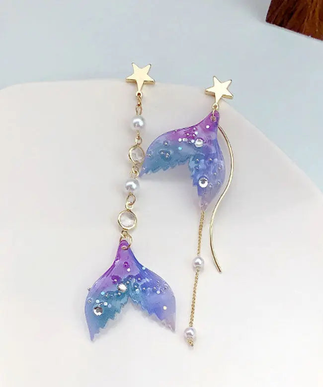 Stylish Purple Zircon Overgild Resin Pearl Fishtail Drop Earrings Ada Fashion