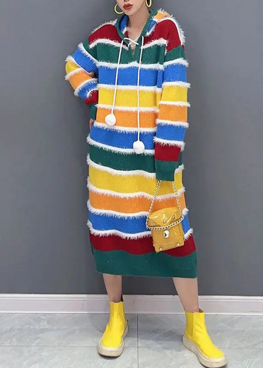 Stylish Rainbow Striped Patchwork Hooded Long Knit Sweater Dress Fall Ada Fashion