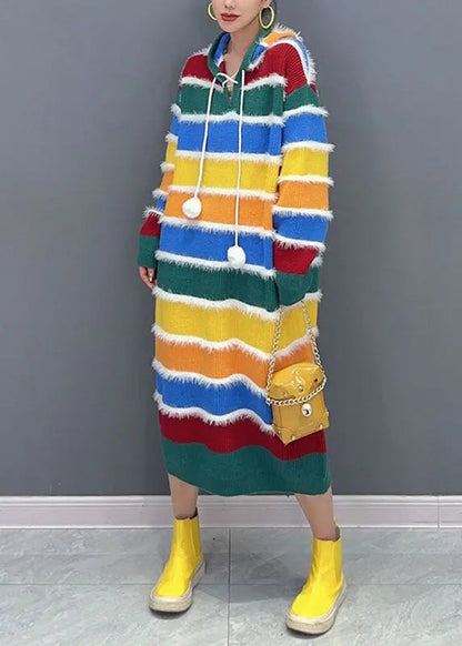 Stylish Rainbow Striped Patchwork Hooded Long Knit Sweater Dress Fall Ada Fashion