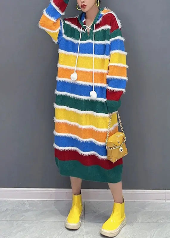 Stylish Rainbow Striped Patchwork Hooded Long Knit Sweater Dress Fall Ada Fashion