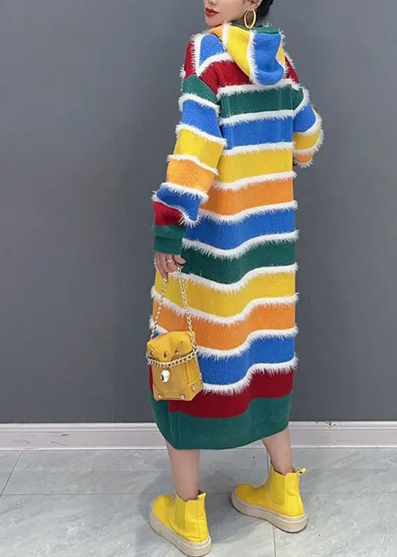 Stylish Rainbow Striped Patchwork Hooded Long Knit Sweater Dress Fall Ada Fashion