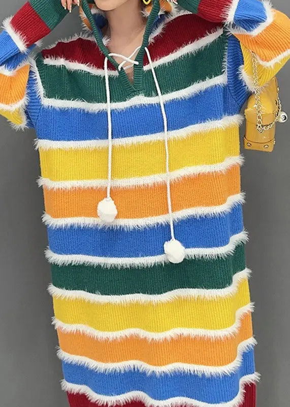 Stylish Rainbow Striped Patchwork Hooded Long Knit Sweater Dress Fall Ada Fashion