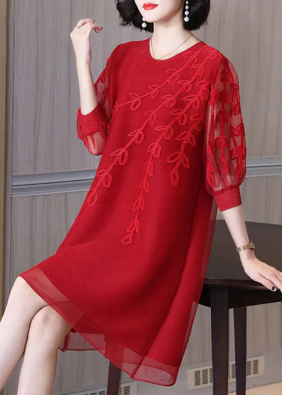 Stylish Red Embroidered Tulle Mid Dress Bracelet Sleeve Ada Fashion