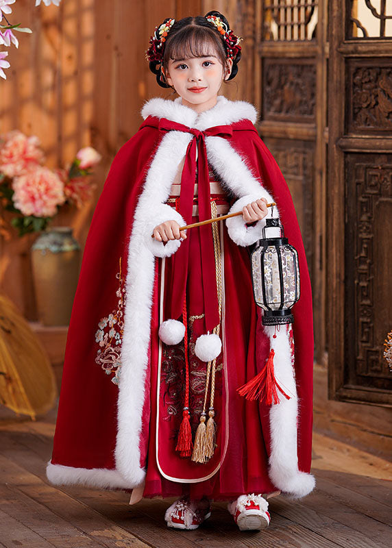 Stylish Red Embroideried Fuzzy Fur Fluffy Girls Hooded Cloak And Long Dress Two Pieces Set Long Sleeve Ada Fashion