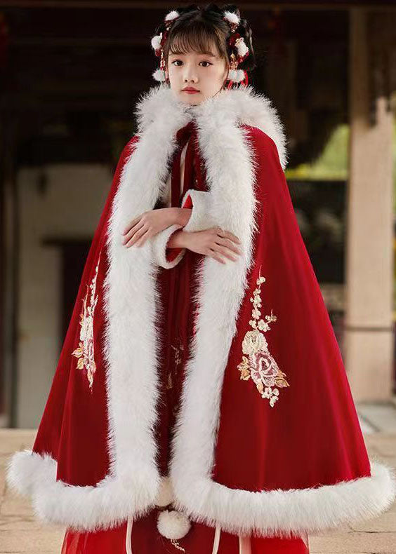 Stylish Red Embroideried Fuzzy Fur Fluffy Girls Hooded Cloak And Long Dress Two Pieces Set Long Sleeve Ada Fashion