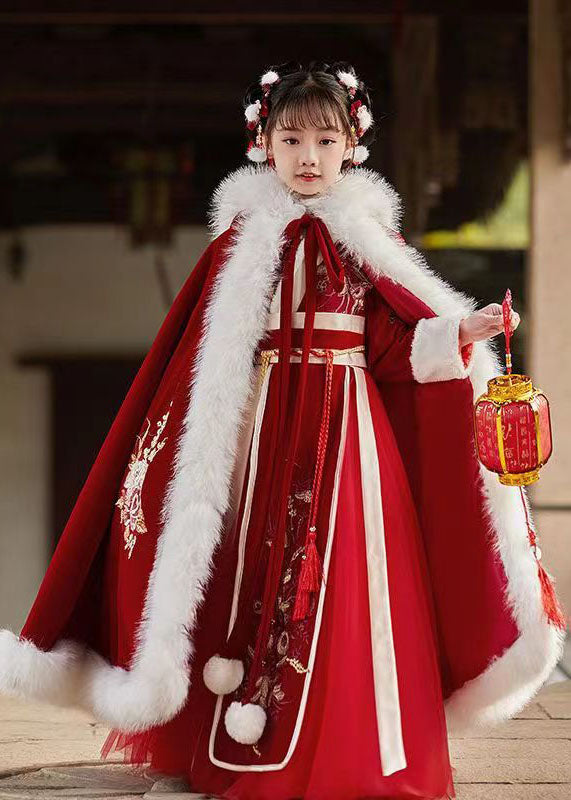 Stylish Red Embroideried Fuzzy Fur Fluffy Girls Hooded Cloak And Long Dress Two Pieces Set Long Sleeve Ada Fashion