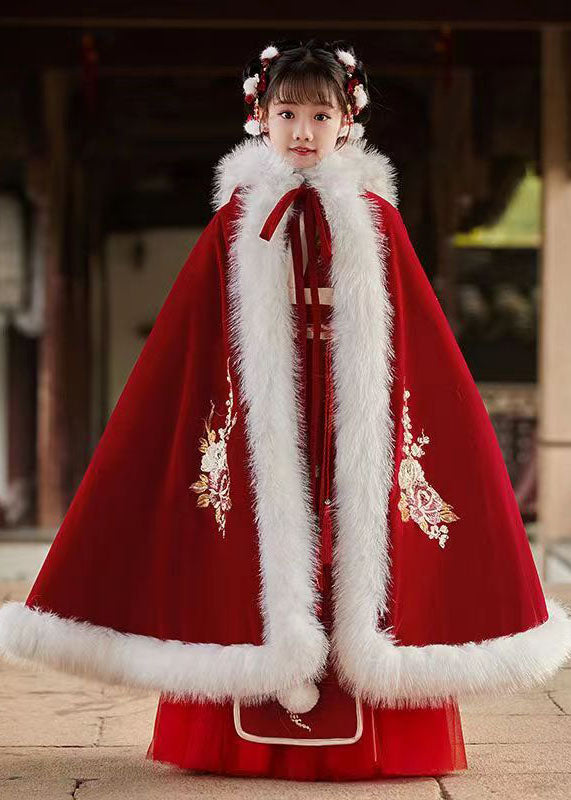 Stylish Red Embroideried Fuzzy Fur Fluffy Girls Hooded Cloak And Long Dress Two Pieces Set Long Sleeve Ada Fashion