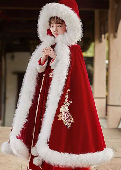 Stylish Red Embroideried Fuzzy Fur Fluffy Girls Hooded Cloak And Long Dress Two Pieces Set Long Sleeve Ada Fashion