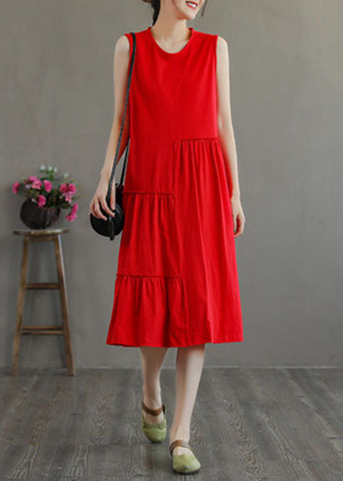 Stylish Red O-Neck Patchwork Cotton Party Dress Sleeveless TG1025 - fabuloryshop
