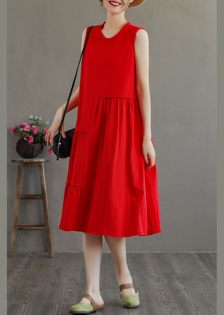 Stylish Red O-Neck Patchwork Cotton Party Dress Sleeveless TG1025 - fabuloryshop