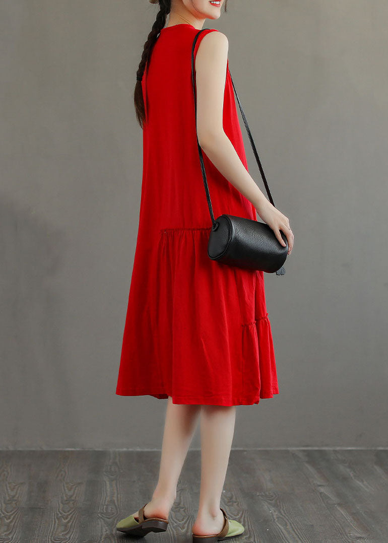 Stylish Red O-Neck Patchwork Cotton Party Dress Sleeveless TG1025 - fabuloryshop