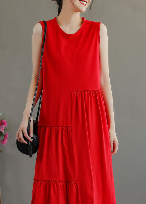 Stylish Red O-Neck Patchwork Cotton Party Dress Sleeveless TG1025 - fabuloryshop