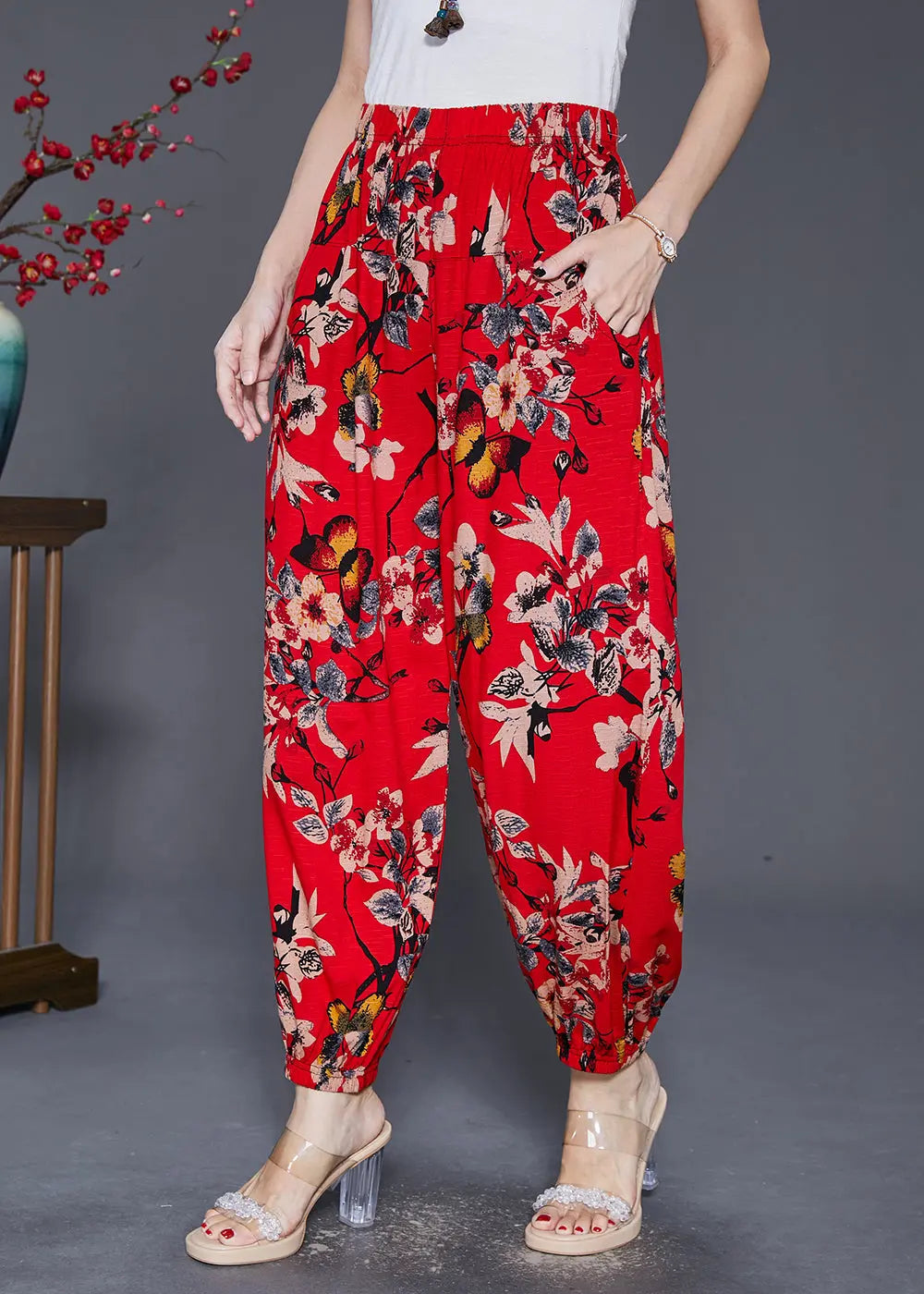 Stylish Red Oversized Print Cotton Harem Pants Fall Ada Fashion