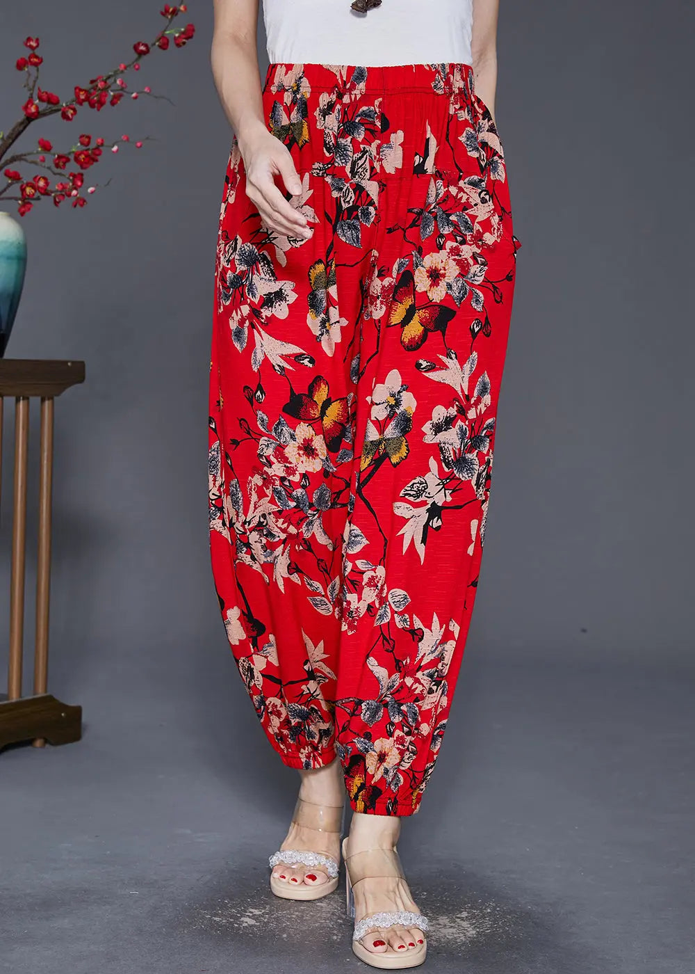 Stylish Red Oversized Print Cotton Harem Pants Fall Ada Fashion