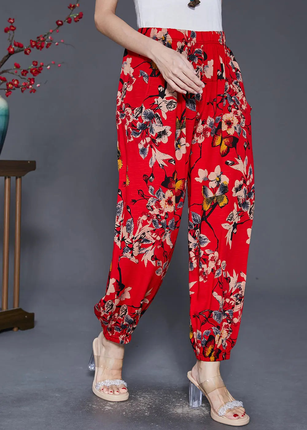 Stylish Red Oversized Print Cotton Harem Pants Fall Ada Fashion