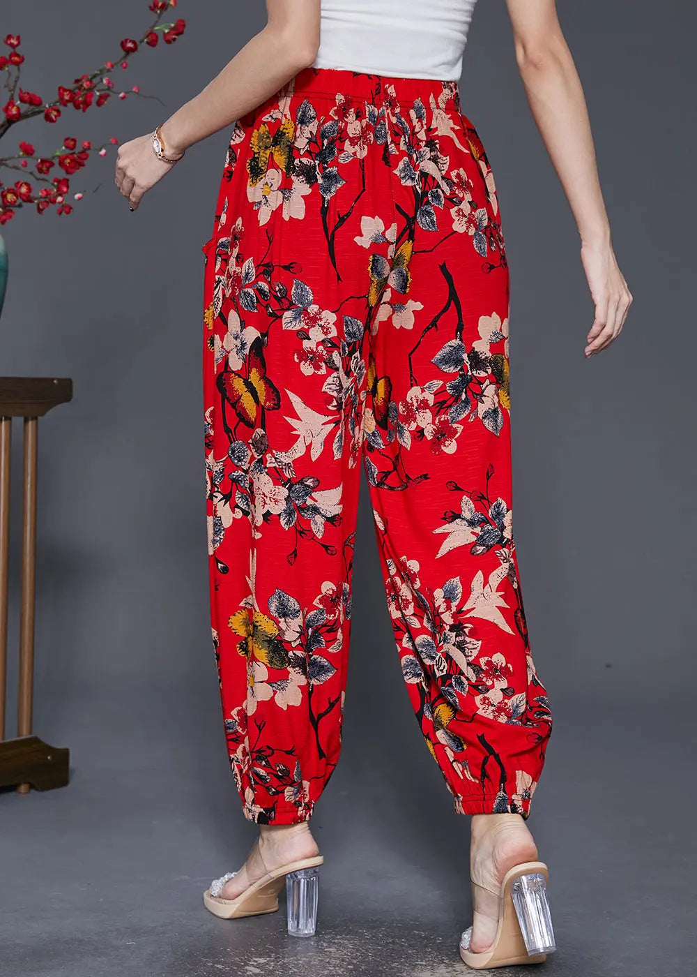 Stylish Red Oversized Print Cotton Harem Pants Fall Ada Fashion