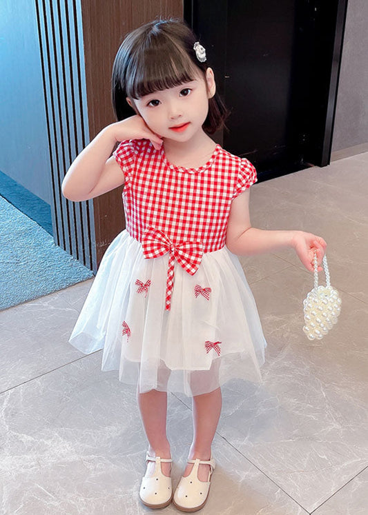 Stylish Red Plaid O Neck Bow Patchwork Tulle Baby Girls Dress Summer LY6533 - fabuloryshop