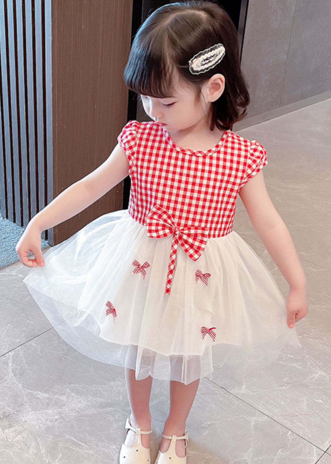 Stylish Red Plaid O Neck Bow Patchwork Tulle Baby Girls Dress Summer LY6533 - fabuloryshop