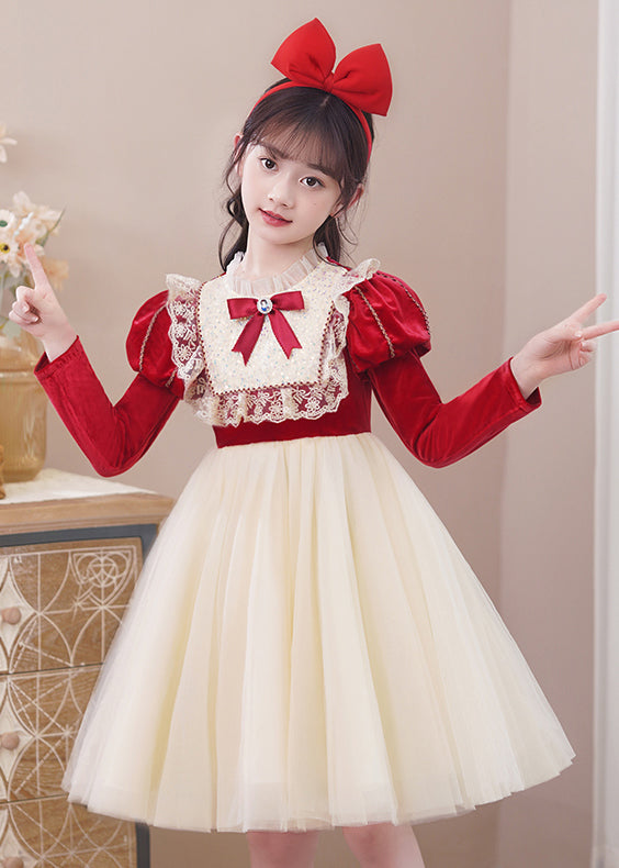 Stylish Red Ruffled Tulle Patchwork Warm Fleece Kids Girls Dress Winter Ada Fashion