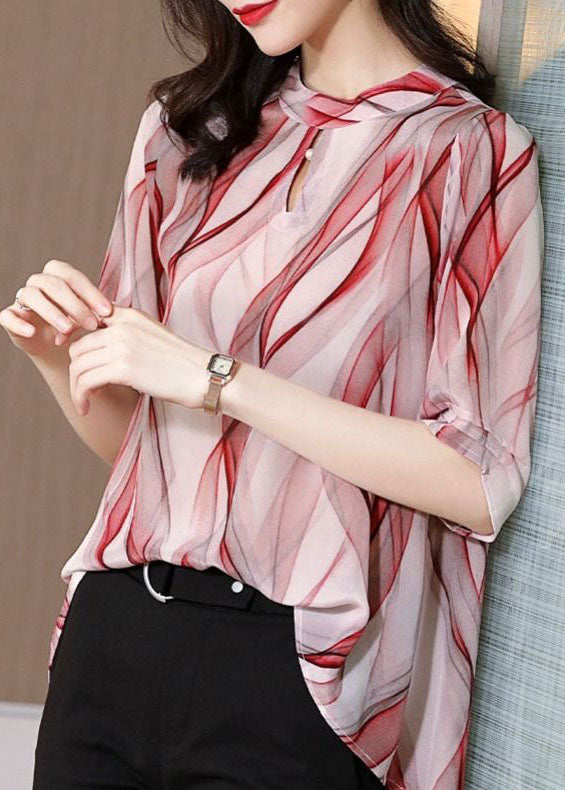 Stylish Red Stand Collar Print Patchwork Chiffon Blouse Top Summer TP1009