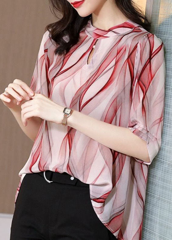 Stylish Red Stand Collar Print Patchwork Chiffon Blouse Top Summer LY6951 Ada Fashion